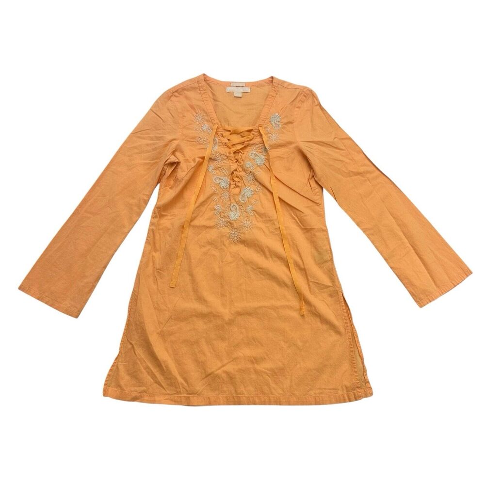 Old Navy Tunic Womens Small S Orange Boho Hippie Lace Up Embroidered Long Sleeve